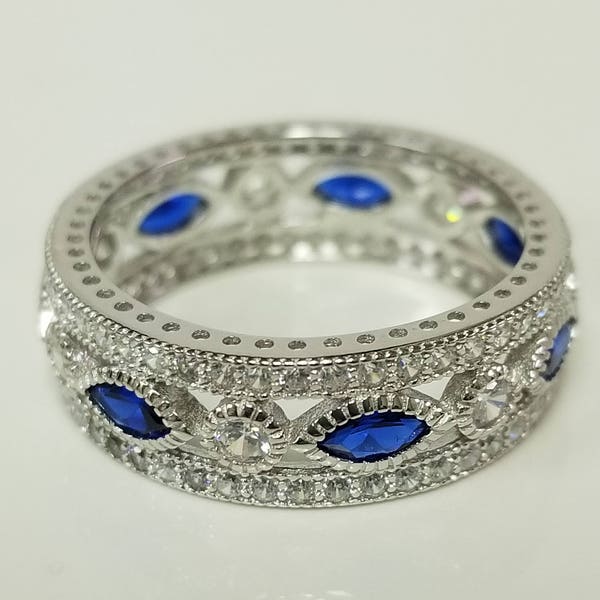 Estate Sterling Silver 925 Blue 1ct Sapphire Cz Diamond Ring Band Eternity Stunning SWS2