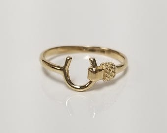 Size 7.25 Estate 14k Yellow Gold Horseshoe Rope Ring Band Cowgirl Pinky Authentic Lucky Rodeo G564