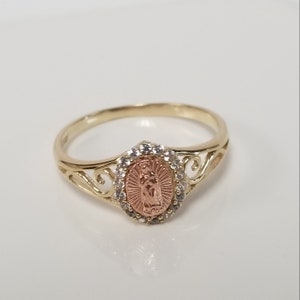 Size 8 Estate 10k Yellow Rose Gold Mother Mary CZ Diamond Pinky Baptism Ring Our Lady of Guadalupe G329