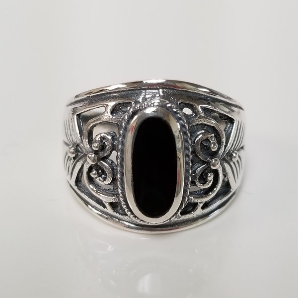 Sale Estate Silver Sterling 925 Black 2ct Onyx Ring Band Southwestern Navajo Style R70