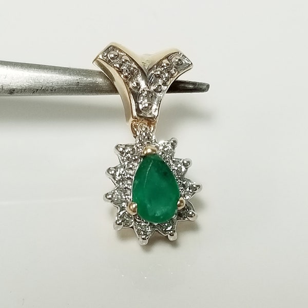 5/8" Estate 14k Yellow White Gold Natural .50ct Emerald Tear Drop Pear .10ct Diamond Pendant Charm Stunning GS2204-04