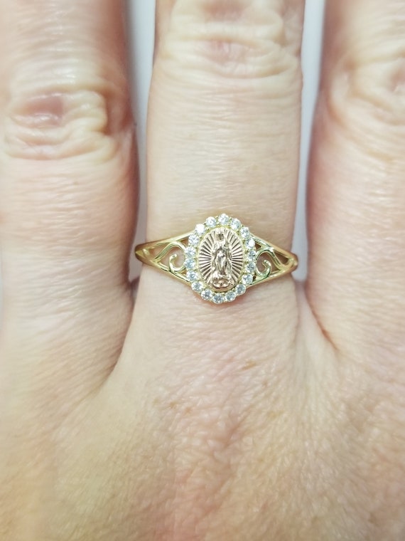 Size 8 Estate 10k Yellow Rose Gold Mother Mary CZ Diamond Pinky