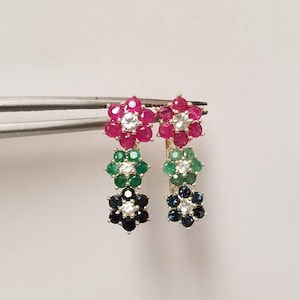 3/4&quot; New 10k Yellow Gold Natural .50ct Ruby Emerald Sapphire White Topaz Climbers Dangle Earrings Stud Stunning TR31
