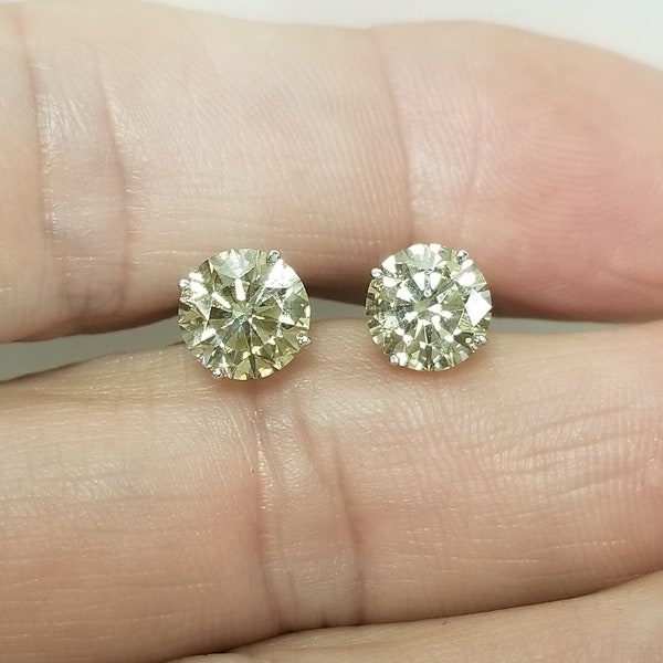 7.6mm Estate 14k White Gold LAB Natural 3ct Champagne Diamond Studs Stud Wedding Champagne Screw Post Backs 1ct 2ct OJ104