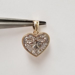 5/8&quot; Estate 14k Yellow White Gold Triple Heart Puffed Filigree Heart Charm Pendant Puff Hearts G320