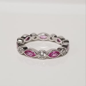 Size 5 6 7 8 9 10 Estate Sterling Silver 925 Pink Sapphire Ice 1ct CZ Diamond Band Daughter Promise Eternity Ring SWCZ20
