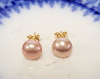 【STONEHENgE】U-LOCK〜14K Rose Gold Pearl Earrings P1678 7mm Estate New 14k Earrings Yellow Gold Natural Pink Pearl