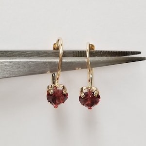 May include: A pair of gold heart-shaped earrings with red gemstones.