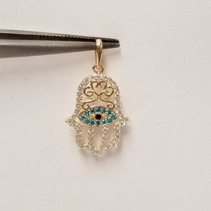 7/8&quot; Estate 14k Yellow White Gold Hamsa Eye Protection Blue White Black CZ Diamonds Filigree Charm Pendant G421