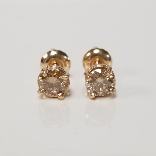 Moissanite Sale 5mm Estate 14k Yellow Gold 1ct Moissanite Diamond Studs Stud Wedding Screw Post Champagne .75ct .90ct M60-02