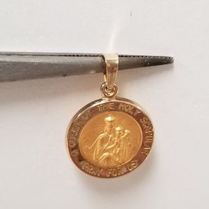 3/4&quot; Estate New 14k Yellow Gold Queen of the Holy Scapular Pray For Us Pendant Charm Mother Mary Heart Cross Hollow G411