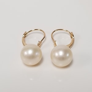 7/8" Estate 14k Yellow Gold Natural Pearl 8mm Lever Back Earrings Studs Dangle  1" DJ178