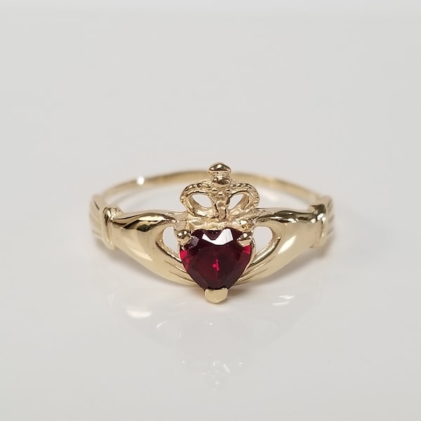 Size 6.75 Estate 14k Yellow Gold Natural Red 25ct Garnet or Spinel Claddagh Irish Heart Hands Crown Eternity Ireland Ring G2