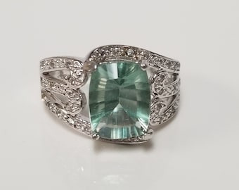 Size 6 Estate Silver Sterling 925 Green 3ct Tourmaline .10ct White Topaz Cocktail Ring Promise Sweetheart