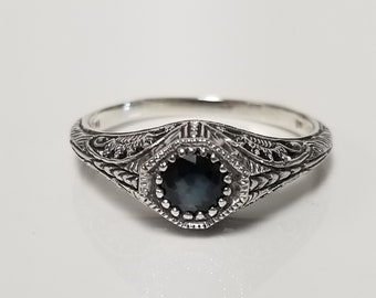 Size 6 7 8  Estate Sterling Silver 925 Natural .25ct Sapphire Filigree Antique Style Ring Sweetheart MS117S