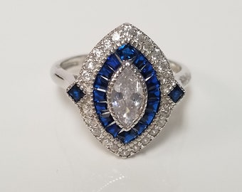 Taille 6 ou 8 Estate Sterling Silver 925 Naturel .25ct Saphir Tanzanite .50ct Cz Diamant Filigrane Antique Style Ring Sweetheart GQ15