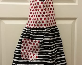 Polka Dots Stripe Red White Black Hostess Apron Size M to L 100% Cotton Pocket