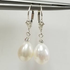 1.25&quot; Estate Sterling Silver 925 Earrings Genuine Natural Freshwater Cultured Large Pearl 9mm Diamond Cut Ball GC2