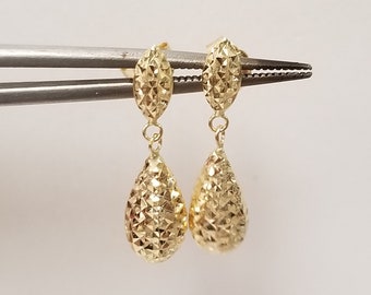 7/8" Estate New 14k Yellow Gold Diamond Cut Tear Drop Pear Dangle Earrings G407