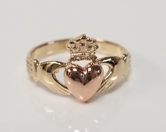 Size 1 Estate 14k Yellow Rose Gold Claddagh Irish Puffed Heart Hands Crown Eternity Ireland Ring G17