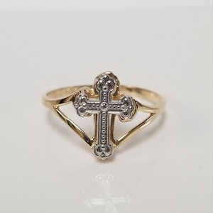 Size 7 Estate 14k Yellow White Gold Rhodium Cross Heart Filigree Victorian Ring G316