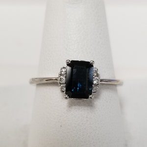 Sale Size 7 Estate 14k White Gold Natural Sapphire Blue 1ct Emerald Cut With .10ct Diamond Engagement or Promise Ring Anniversary M74-03