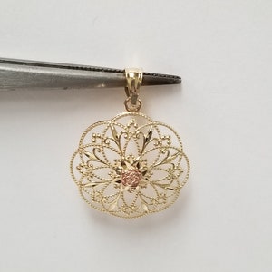 1" Estate 14k Yellow Rose Gold Victorian Filigree Diamond Cut Rose Flower Bead Ball Beaded Charm Pendant G382