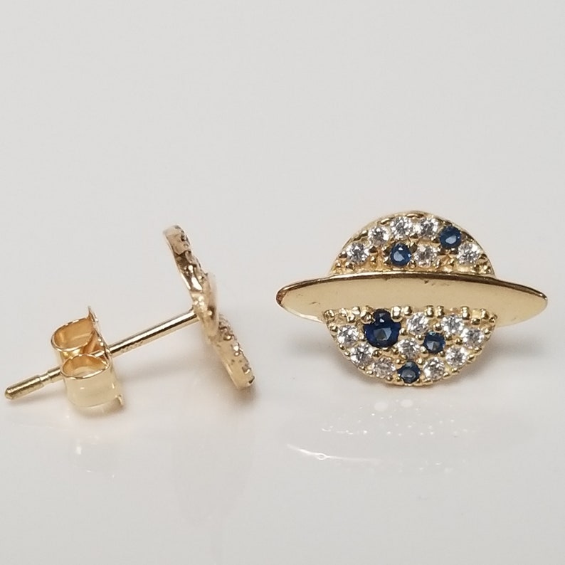 Sale Estate New 14k Yellow Gold .25ct Cz Diamond Blue Sapphire Planet Saturn Illusion Earrings Studs Stud Anniversary Birthday GE38 image 2