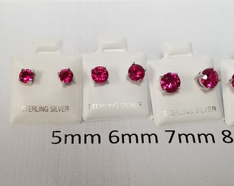 Estate Sterling Silver 925 Created Synthetic Ruby Round Cut Earrings Studs Stud 5mm 6mm 7mm 8mm 9mm E12-3