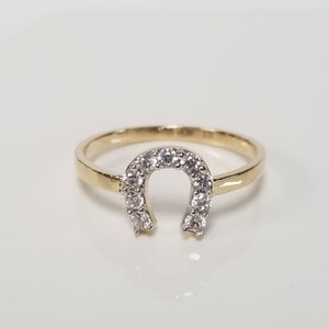 Size 7 Estate 10k Yellow Gold .10ct CZ Diamond Horseshoe Ring Band Cowgirl Pinky G325