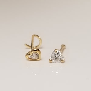 Sale 3mm New 14k Yellow Gold Created CZ Diamond Heart Nose Stud Piercing Twist Hook Studs SET GE198-1