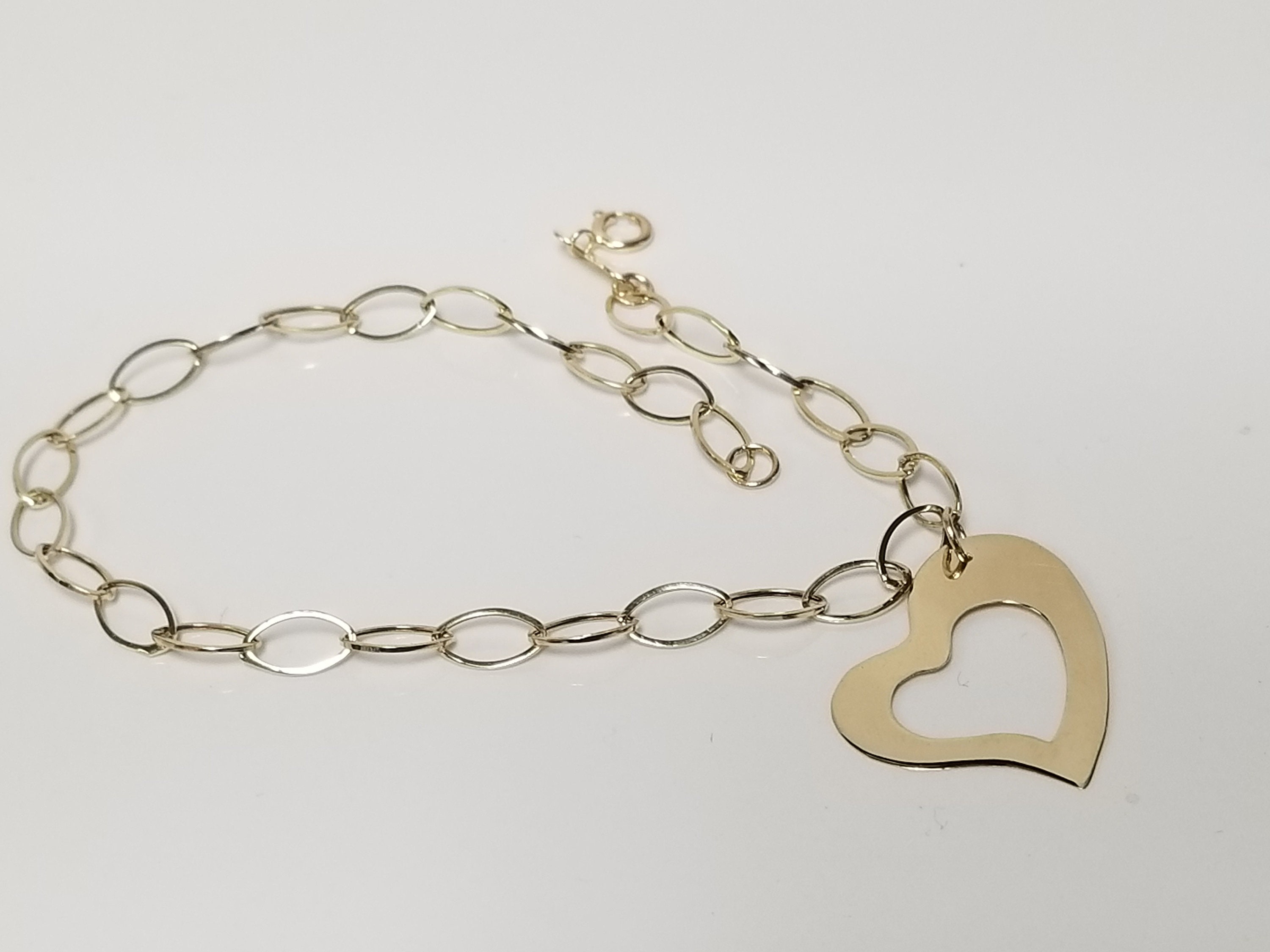7.5" Estate 14k Yellow Gold Single 3mm Link Large Heart Bracelet G669