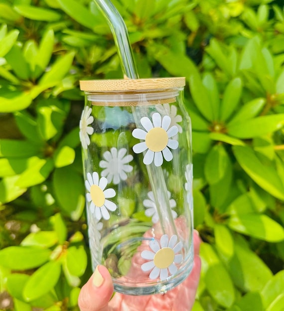 Gobelet En Verre 16 Oz Motif Marguerite – Avec Couvercle Bambou Et Paille, Cadeau Tendance - 12