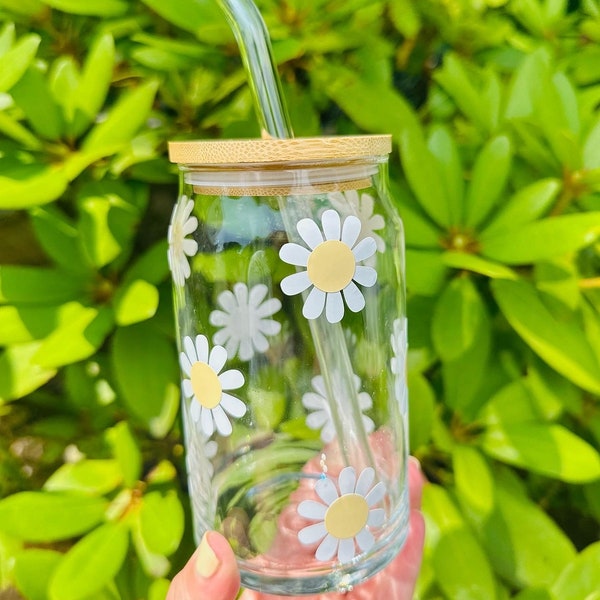 Flower Daisy Glass Cup, Cup with Lid and Straw, Flower Glass, Summer Daisy Cup
