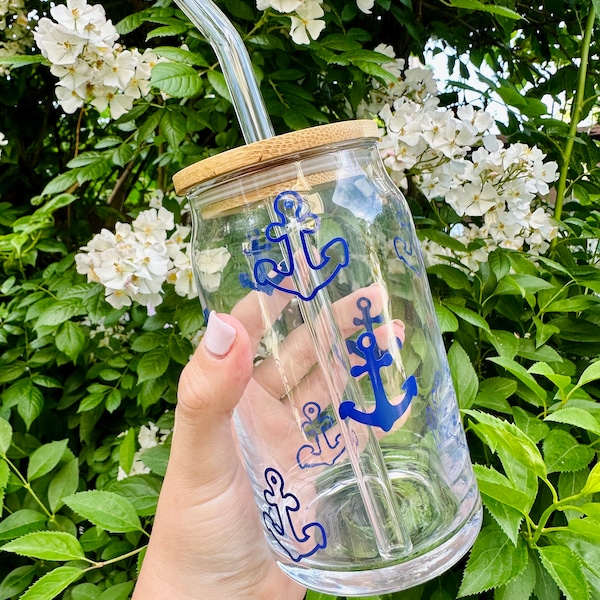 Anchor Glass Cup, Anchor Pattern, Nautical Cups, Glass Cups with Lid and Straw