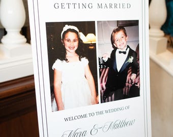 Puede incluir: Un letrero de bienvenida de boda rectangular blanco con el texto THESE KIDS ARE GETTING MARRIED, dos fotos de infancia de una niña y un niño, el texto WELCOME TO THE WEDDING OF, los nombres Mara & Matthew y la fecha 05.01.2026.