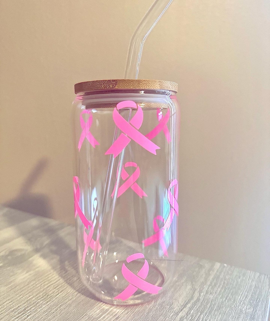 Breast Cancer Awareness Glass Cup, Pink Ribbon Cup, Glass Cup Straw and