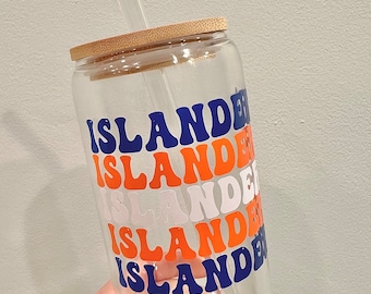 Islanders Glass Cup, Islanders Cup, Glass Cup Straw and Lid, Glass Cup, Islanders Groovy Font, Islanders Fan Gift, NY Islanders Hockey