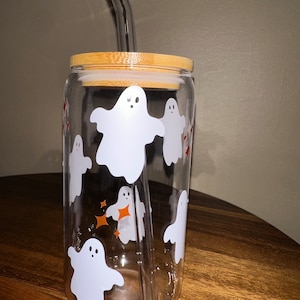 Halloween Glass Cup, Spooky Season Cup, Glass Cup Straw and Lid, Ghost Glass Cup, Ghosts and Sparkles, Fall Girl Cup