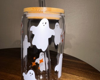 Halloween Glass Cup, Spooky Season Cup, Glass Cup Straw and Lid, Ghost Glass Cup, Ghosts and Sparkles, Fall Girl Cup