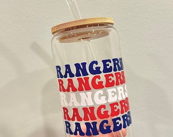 Rangers Glass Cup, Rangers Cup, Glass Cup Straw and Lid, Glass Cup, Rangers Groovy Font, Rangers Fan, Rangers Gift, NY Rangers Hockey