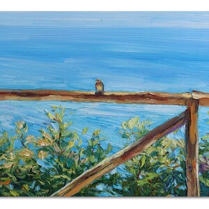 Peinture à l&#39;huile de moineau : empâtement d&#39;oiseau sur une clôture, oeuvre d&#39;art murale texturée