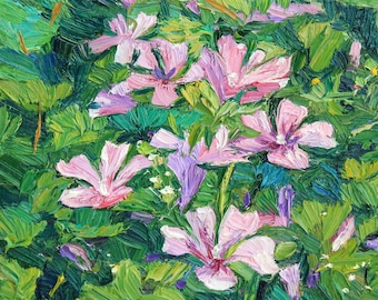 野花の小さな絵画、ピンクの庭の花のアート、キッチンミニキャンバス