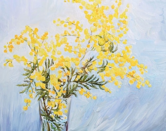 Mimosa Floral Oil Painting on Canvas: Textured Impasto Flowers
