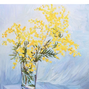 Mimosa, oil painting on canvas, textured yellow Flowers, floral painting, impasto painting, gift idea for her, aminovart
