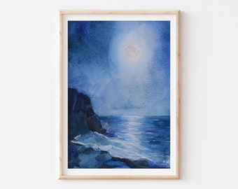 Full Moon over the sea Original Watercolor Painting, Night Sky Art with Moonlight