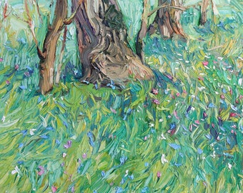 Prairie printanière, peinture à l'huile de paysage, peinture d'arbres texturés, art texturé, idée cadeau, art empâtement du parc, art impressionniste de pins