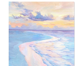 Sunset Seascape Oil Painting: Impressionism Beach Art, 19.6&quot;x13.7&quot;