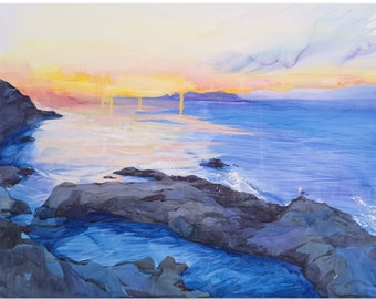 Large mixed technique painting, Seagull, watercolor and gouache seascape painting, sunset over the sea, contemporary art
