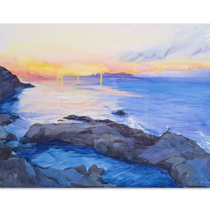 Grande dipinto a tecnica mista, Gabbiano, dipinto di paesaggio marino ad acquerello e guazzo, tramonto sul mare, arte contemporanea